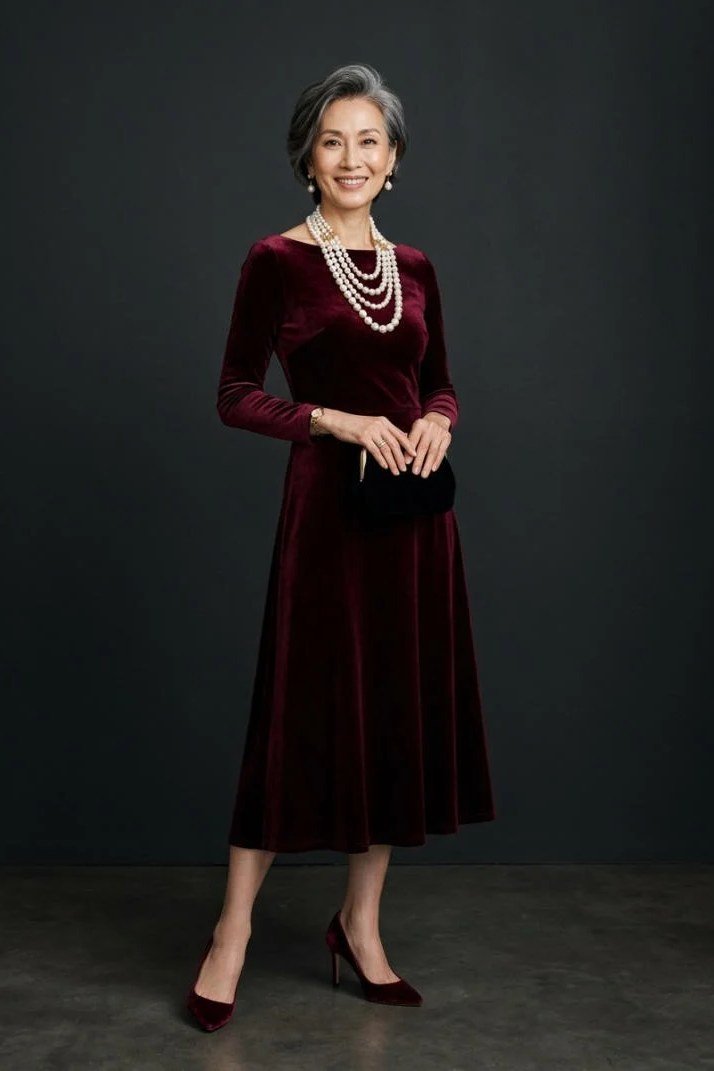 holiday evening outfit for women over 60: burgundy velvet midi dress with pearls