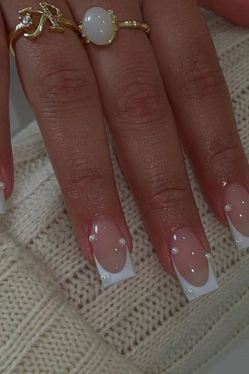 White French Square Nails with Gold Ring - pearl finish nail idea for women over 60