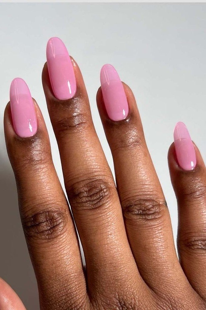 simple glossy pink almond nails