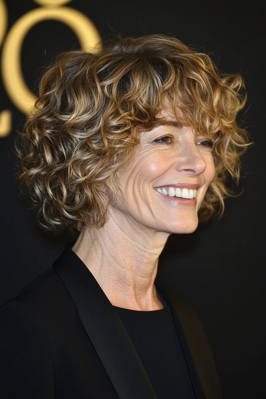 Honey curly bob three-quarter view, smiling - curly hairstyle for women over 60