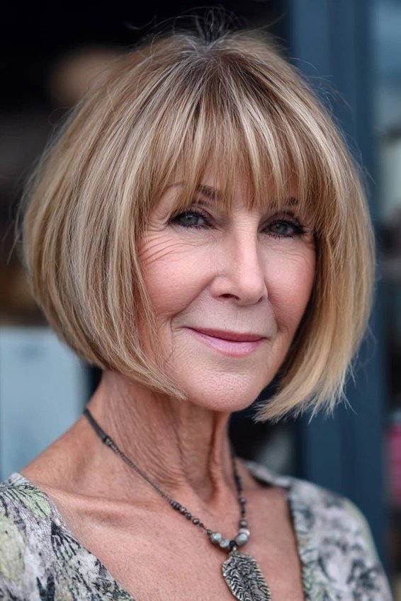 Front Blonde Layered Bob With Full Bangs for women over 60