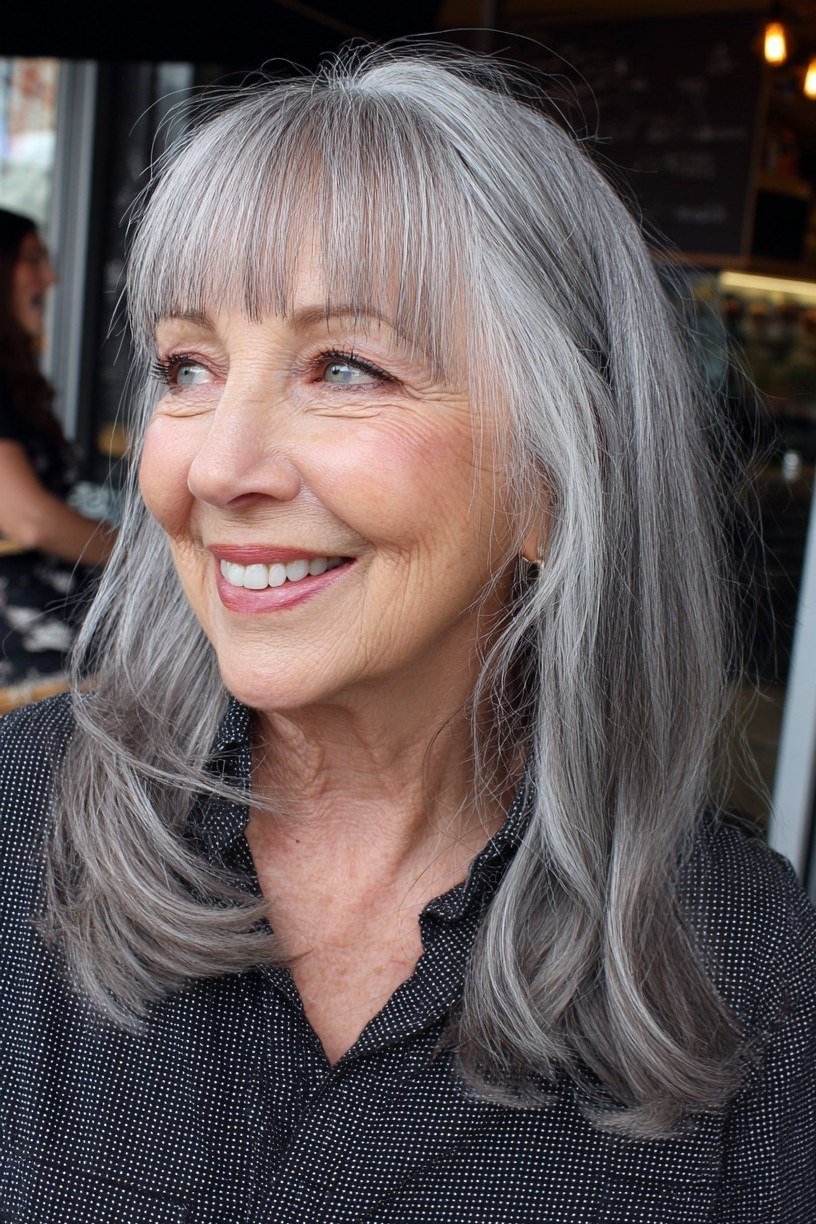 Grey Cut with Bangs hairstyle for women over 60