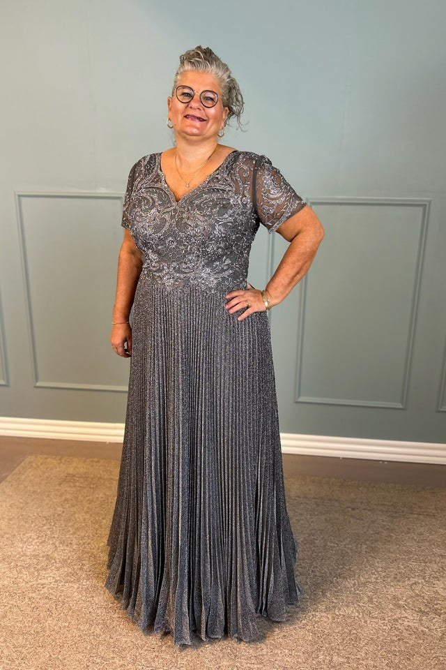 silver-gray beaded pleated gown