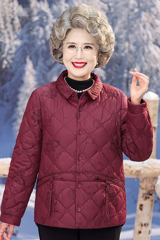 Burgundy quilted jacket outfit for women over 60