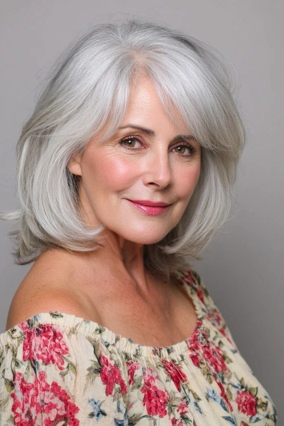 Silver bob with soft waves for women over 60