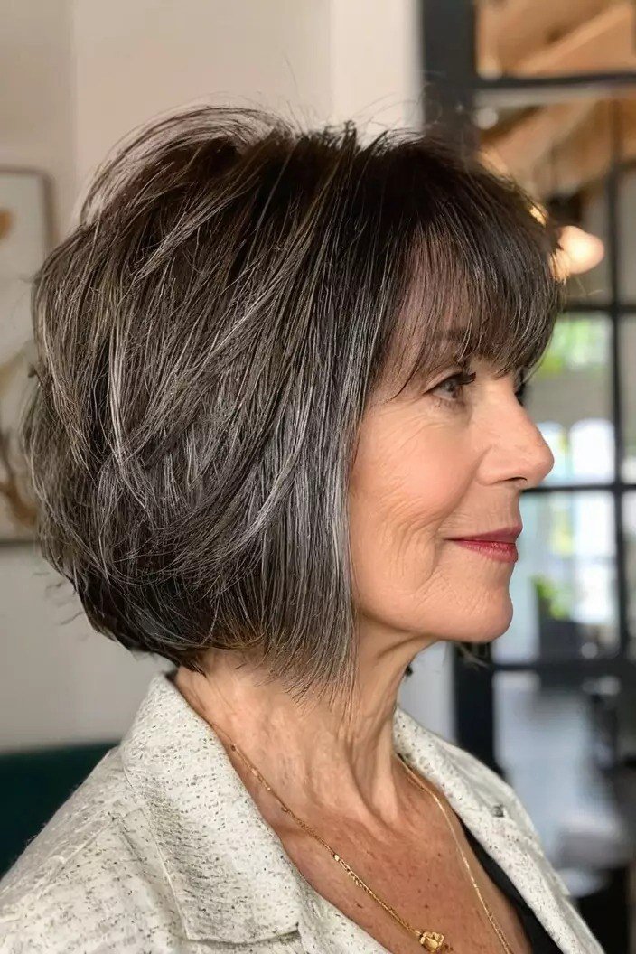 Charcoal Gray Bob with Bangs - trendy layered bob hairstyle for women over 50