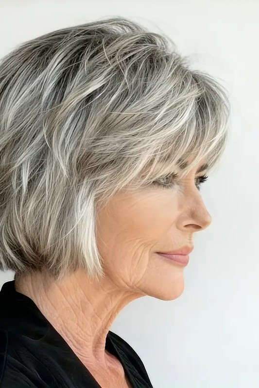 Silver-Grey Face-Framing Bob - short wavy bob hairstyle for women over 60