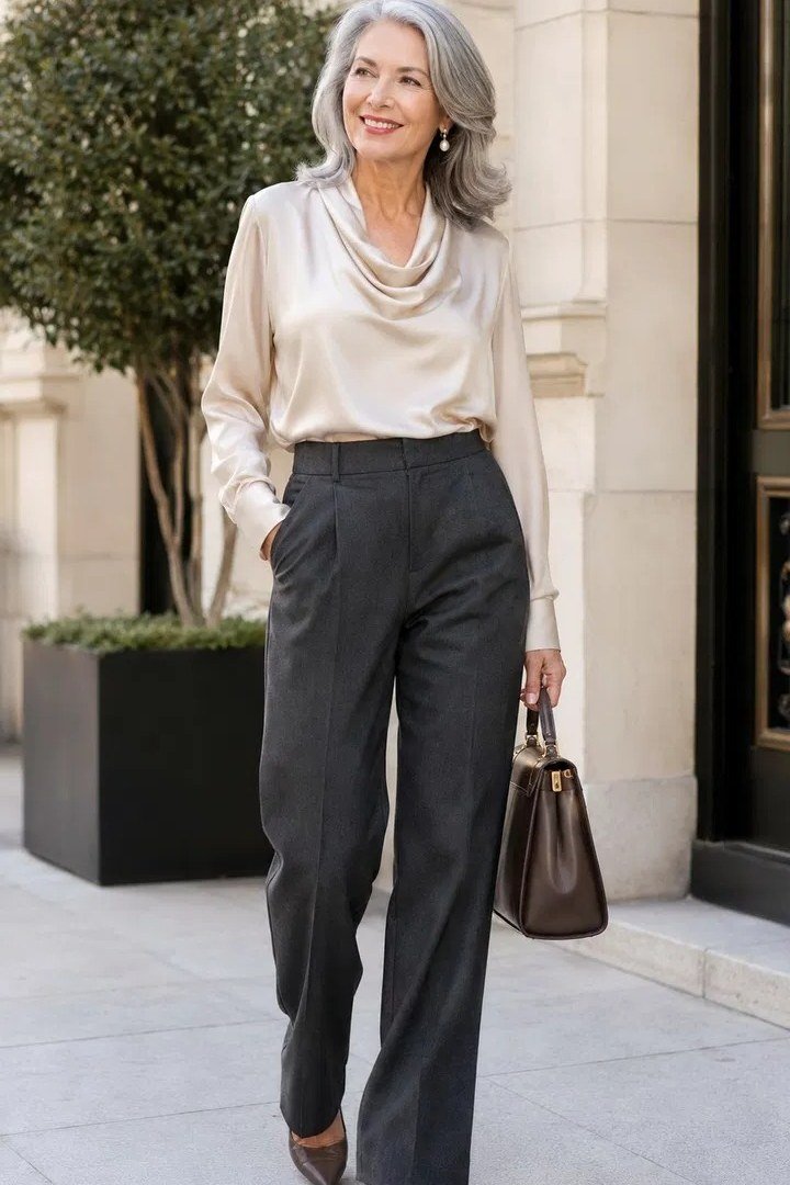 Gray-haired woman in champagne cowl-neck blouse with gray trousers on city street
