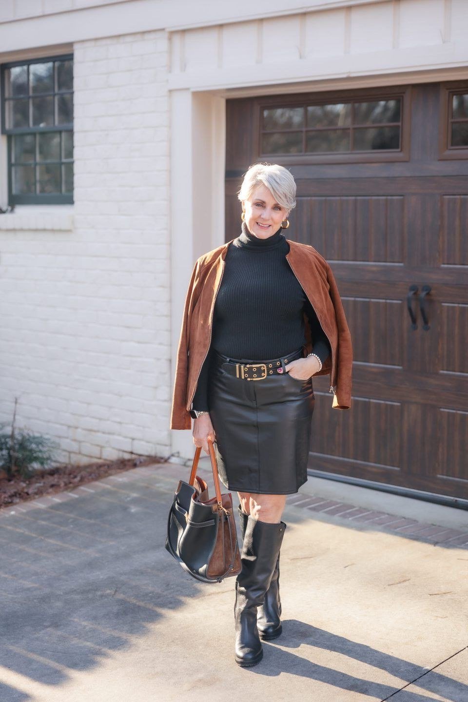 Rust Jacket with Black Leather Skirt - fall outfit for women over 40