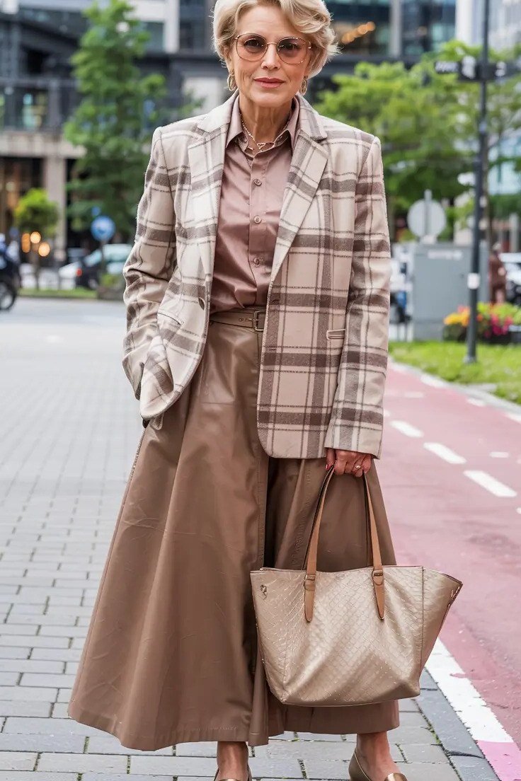 Effortlessly chic fall outfit for women over 60: brown plaid blazer with camel trousers