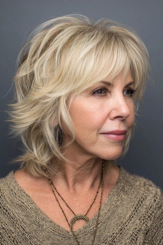 50. Blonde Shag Lob - wash and wear hairstyle for older women