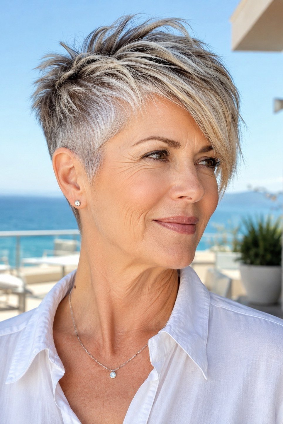 Silver pixie, three-quarter view, beach setting, micro pixie cut for women over 60 going silver