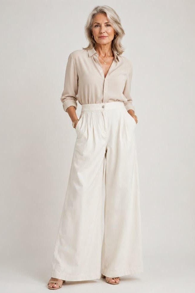 Cream Shirt with White Wide Trousers - business outfit for women over 50
