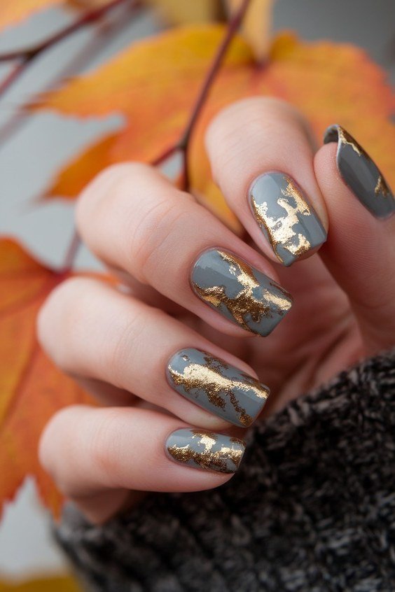 gray with gold foil nail art - winter nail trend for older women