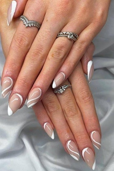 White French Almond Nails with Swirl Art, neutral nail ideas for older women