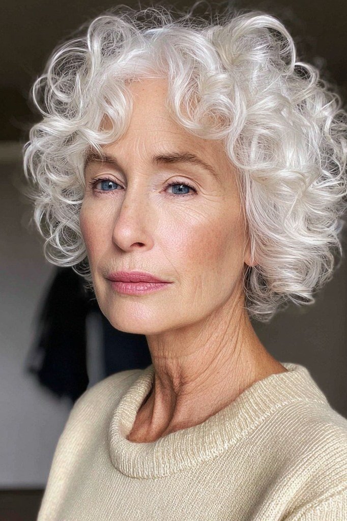 white curly bob, front view hairstyle for women over 70
