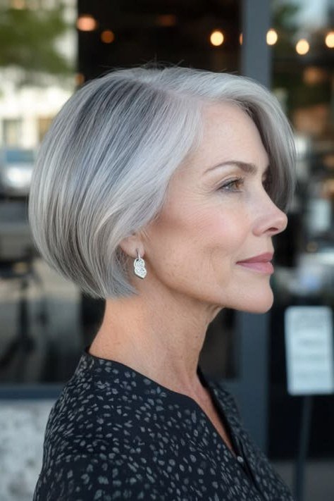 Rounded sleek silver-grey french bob with side part