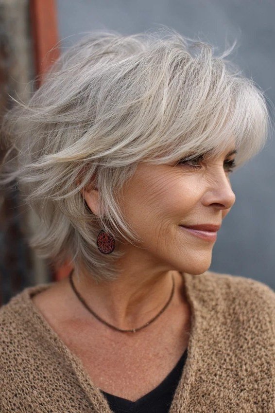Silver wavy bob with soft flipped ends, side front view, silver wavy bob for women over 50