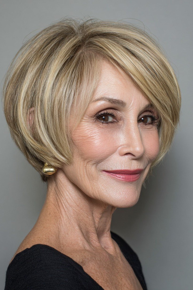 Classic blonde bob haircut, side part, for women over 60