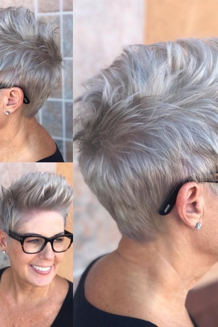 Multi-view collage, grey spiky pixie with glasses, side and back views for women over 60