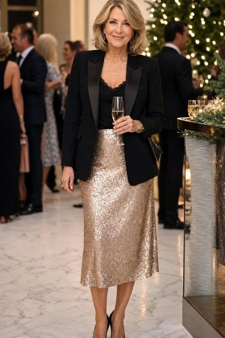 Black blazer with gold sequin midi skirt at event for women over 50, fall date night outfit