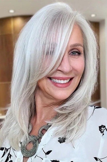 Long Silver Hair with Side Sweep - timeless hairstyle for women over 60