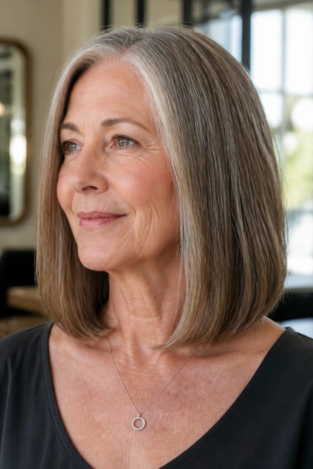 straight brown medium bob, 3/4 view, medium length hairstyle for women over 60