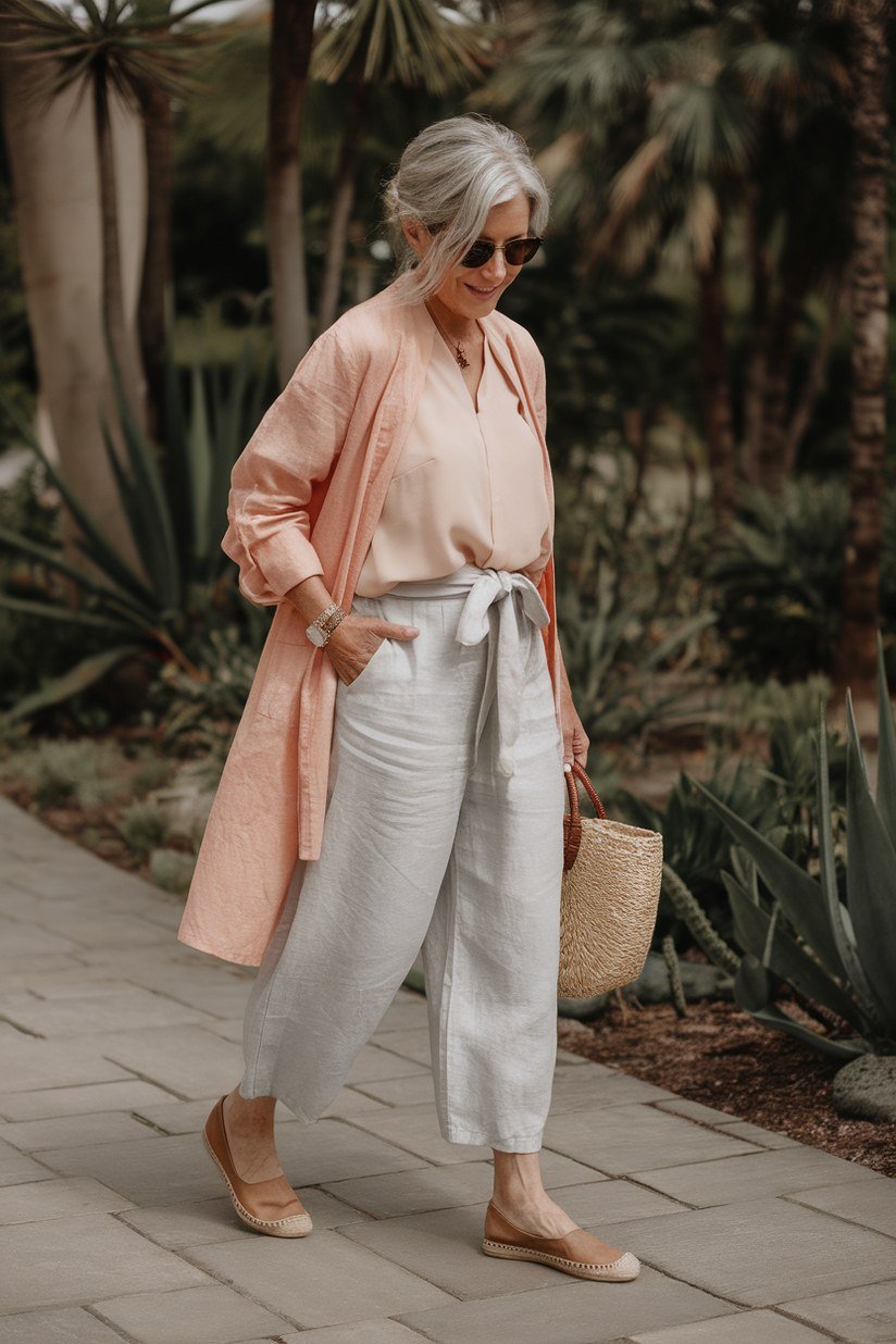 Peach Kimono and Grey Trousers outfit for women over 70, chic style idea 62