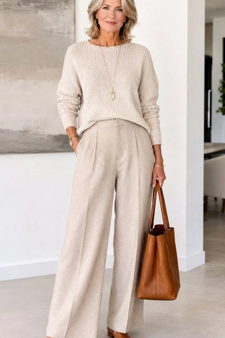 Cream sweater with cream wide leg trousers and tan bag