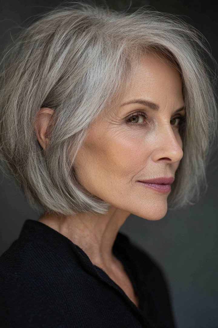 Tousled gray shaggy bob hairstyle for women over 60, front view