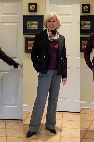 gray tweed jacket with black wide leg trousers church outfit for women over 60