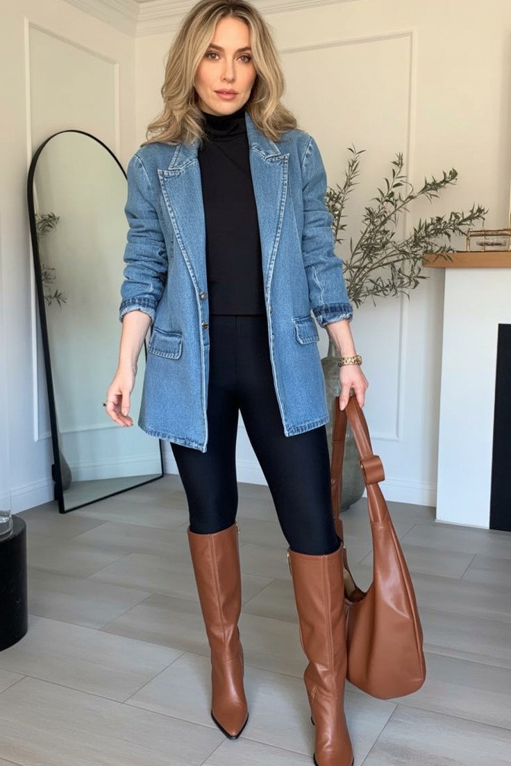denim shirt, black turtleneck and knee boots fall outfit for women over 60