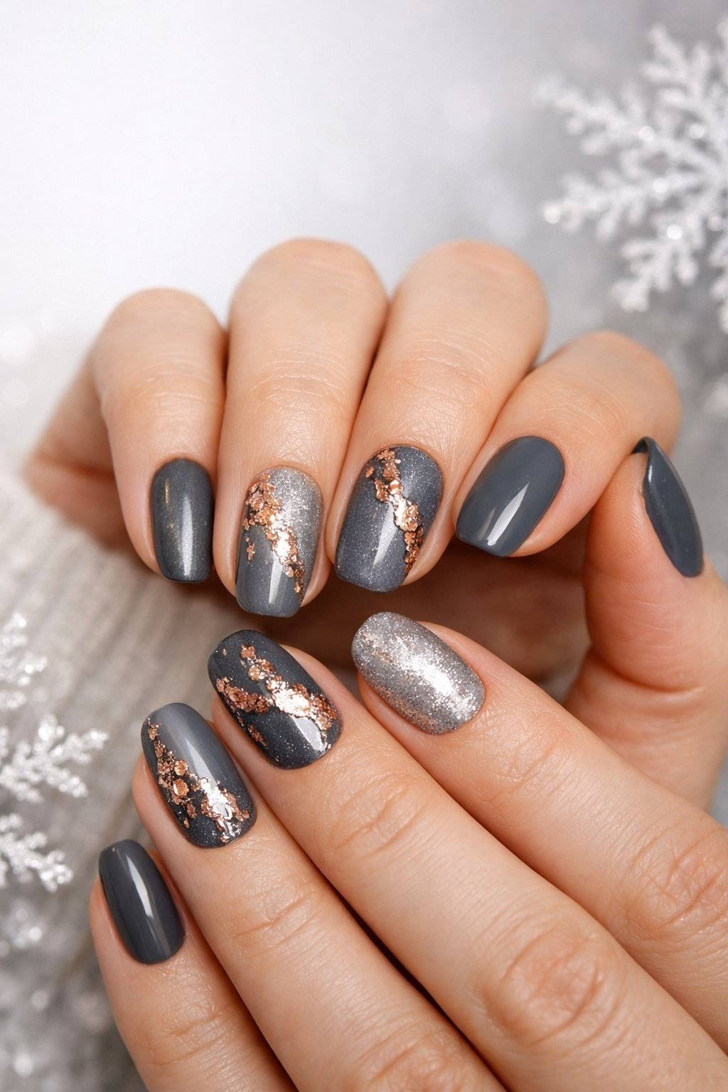 Grey Metallic Mixed Finish Nails - grey metallic mixed finish nails, glitter winter nail design for women over 60