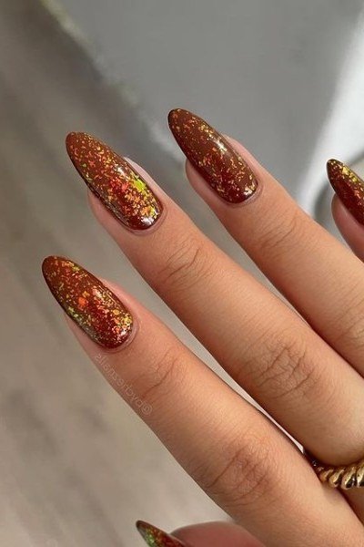 Gold Glitter Almond Nails, chocolate brown fall nail design for women over 60