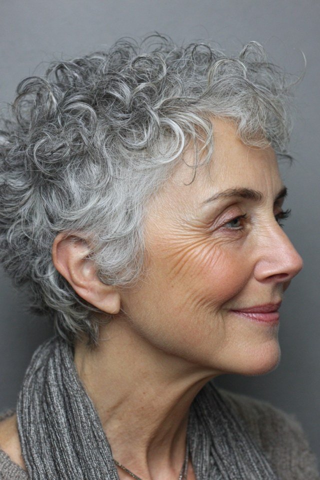 Salt-pepper short curly pixie haircut side view for women over 60