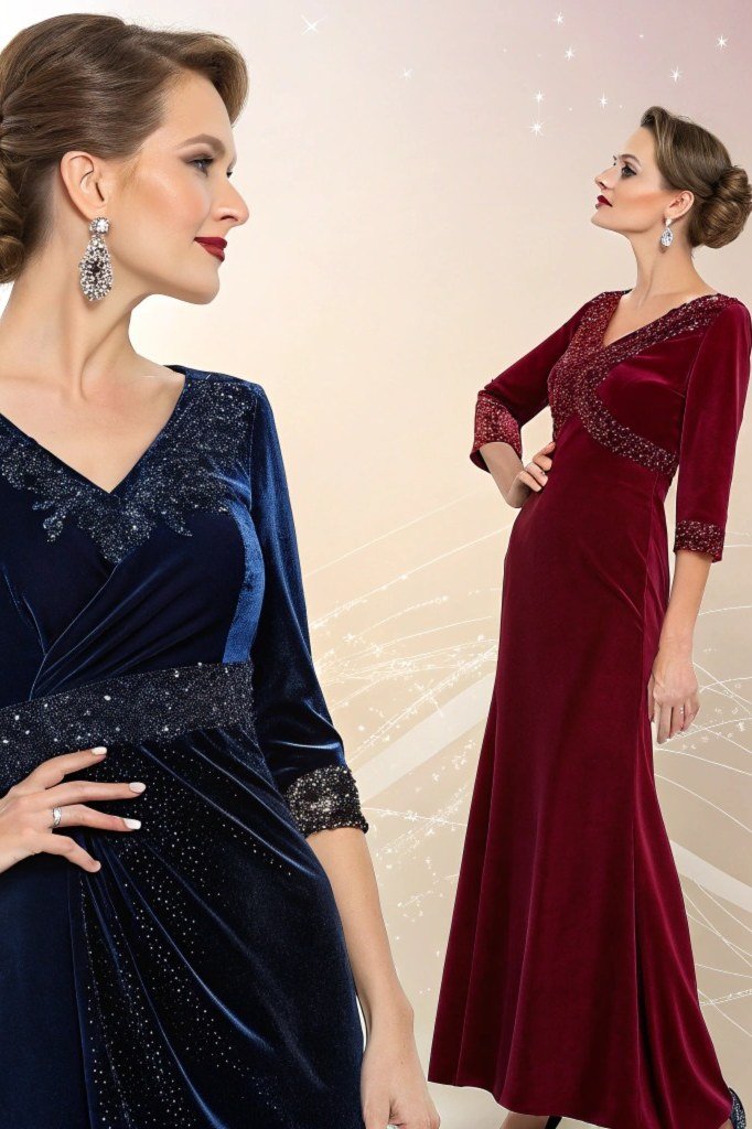 burgundy and navy velvet dresses, two models, elegant cocktail dress for women over 60