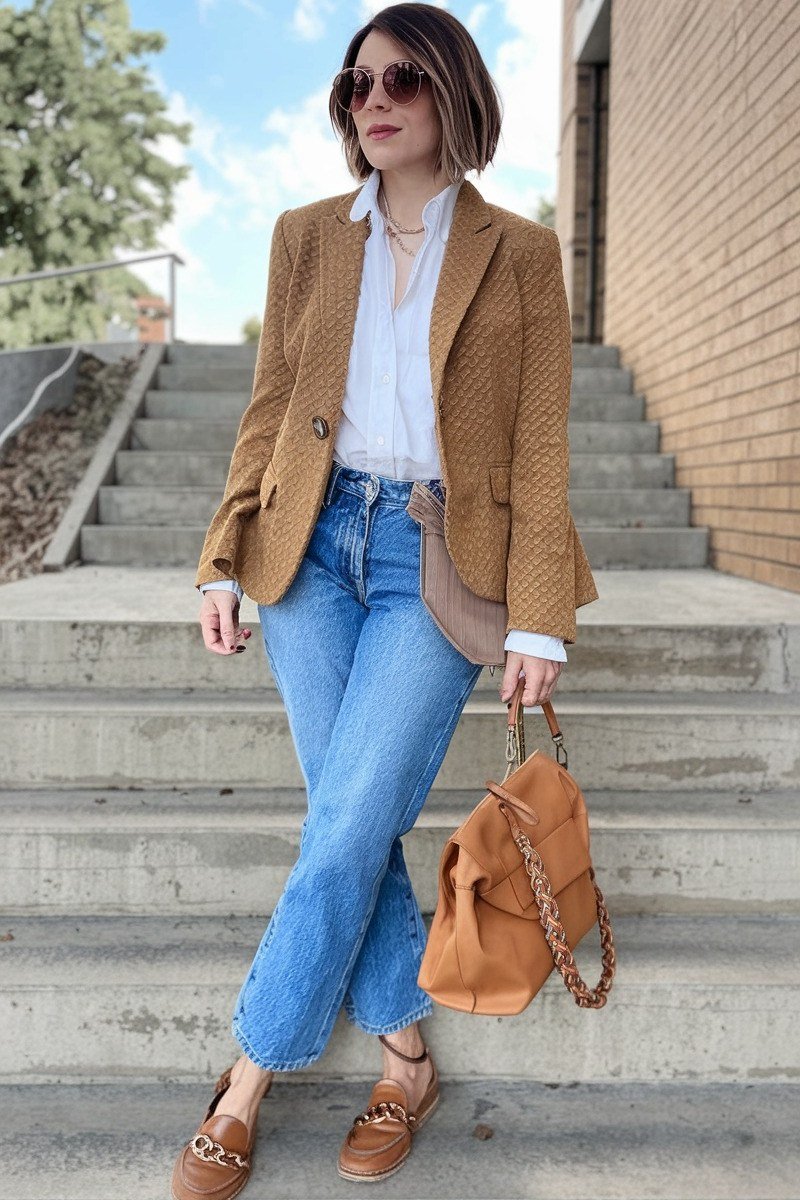camel textured blazer white shirt medium wash jeans tan tote women over 50