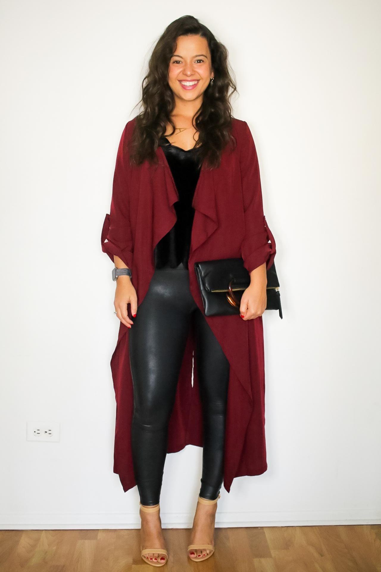 Burgundy duster coat leather pants burgundy duster coat black leather pants 40s - fall outfit idea for women over 40