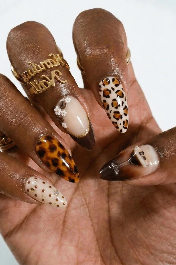 Tortoise and Leopard Print Art Nails - brown nail idea for women over 50