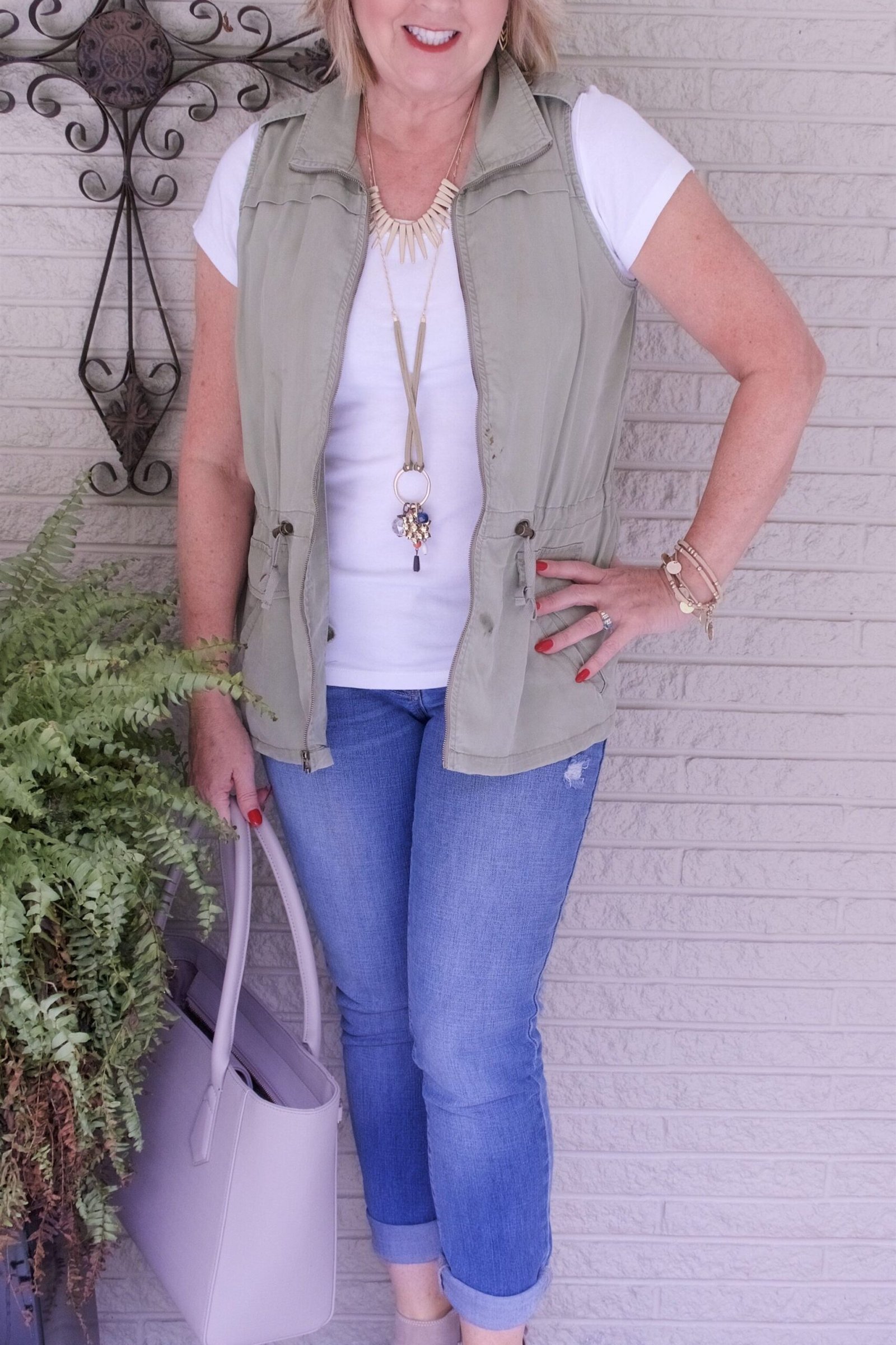 Sage Utility Vest with White Tee and Jeans - chic casual outfit for women over 50