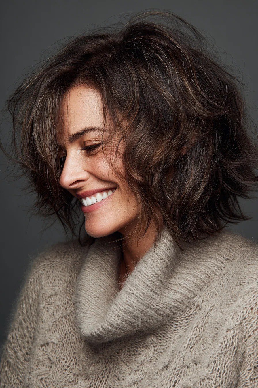 Voluminous Dark Brunette Shag with Bangs - medium shag haircut for women over 40