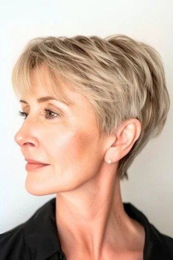 Blonde pixie with bangs and soft texture