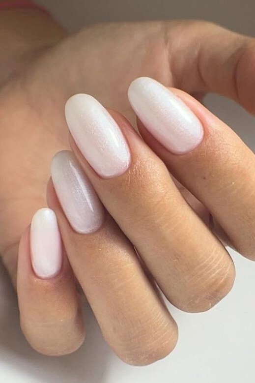 Milky Pearl Almond Nails on Mature Hands for women over 60