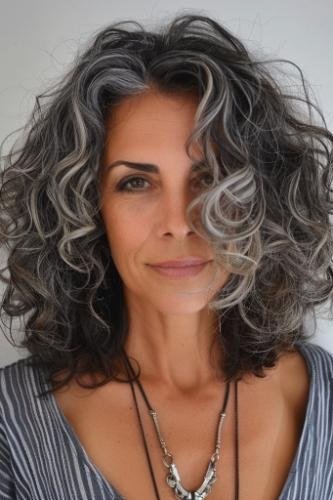 Curly Silver Layered Lob - layered lob hairstyle for women over 60