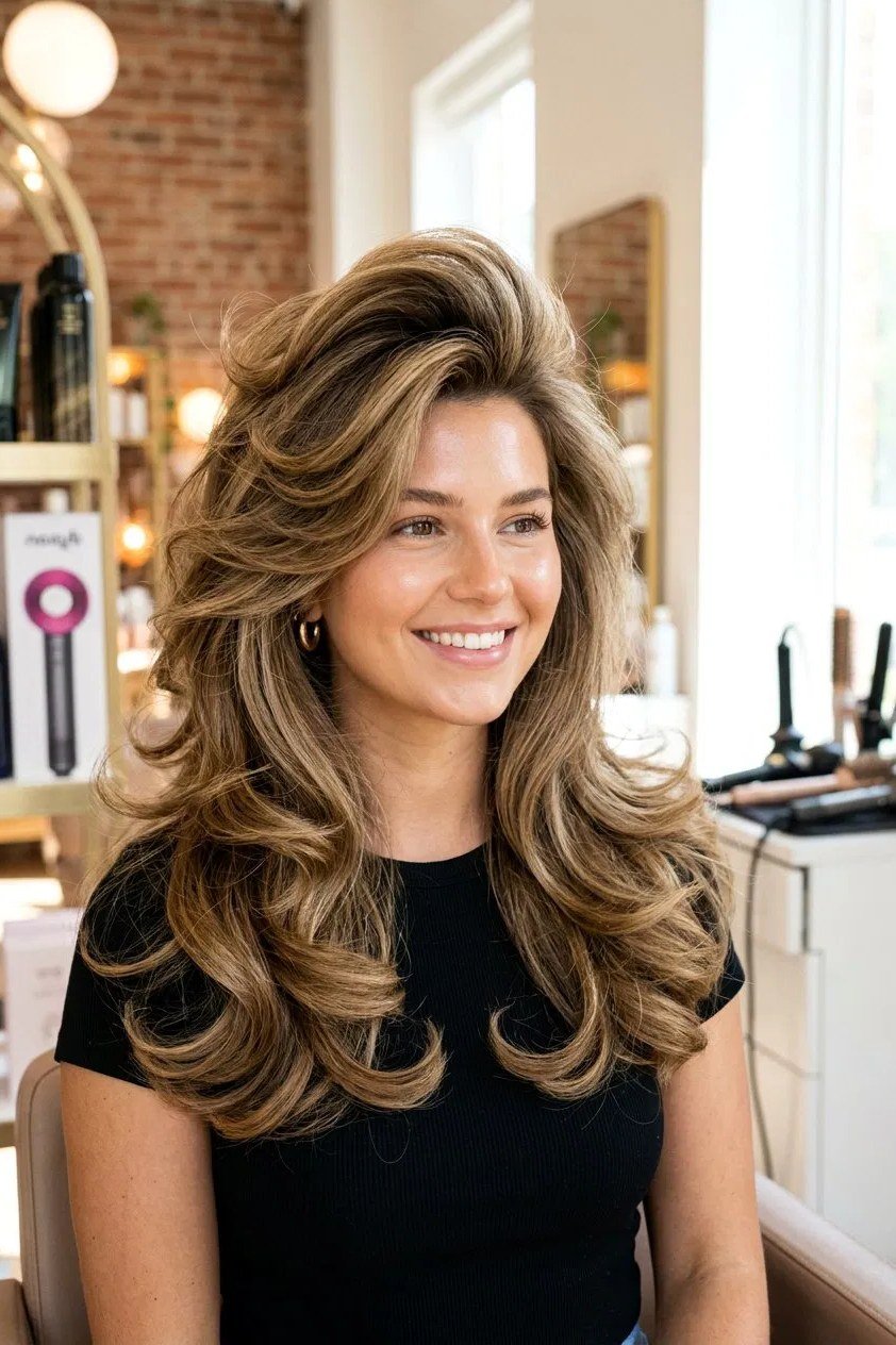 Salon-Styled Voluminous Blonde Butterfly - butterfly cut hairstyle for women over 60