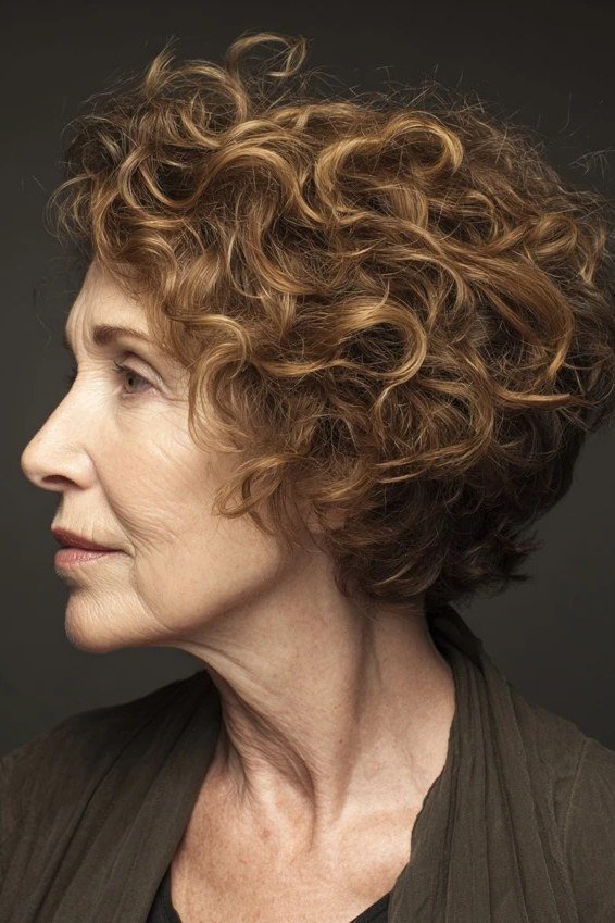 Copper curly bob side view - curly hairstyle for women over 60