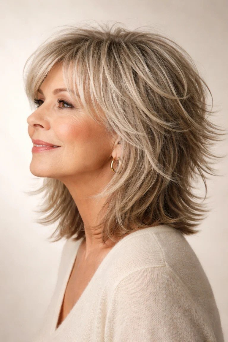 Blonde shaggy bob with razored ends in side profile for women over 60