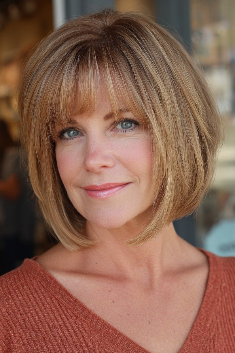 Honey-Blonde Layered Bob With Bangs for women over 60