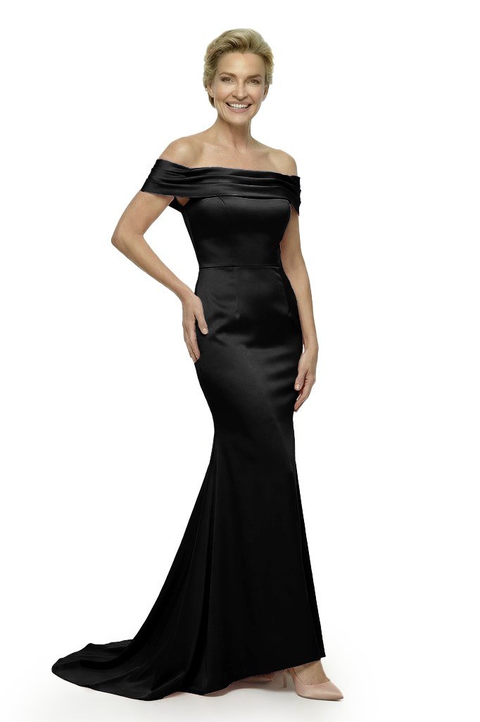 black off-shoulder satin mermaid gown