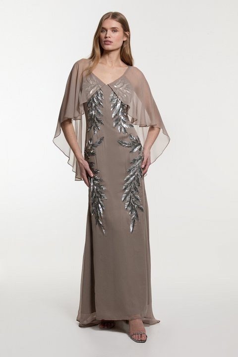 Taupe beaded cape overlay gown - wedding guest outfit for women over 50